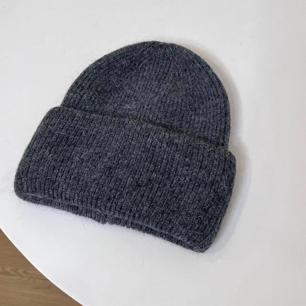 Internet celebrity Angola rabbit hair solid color light board autumn and winter versatile candy color vertical stripe outdoor warm knitted hat women