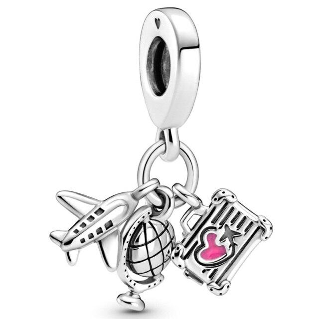 Rosa Flamingo Apfelschuppenfisch Einkaufen Handtasche Flugzeug Anhänger Perle 925 Sterling Silber Charm Fit Europa Armband Schmuck
