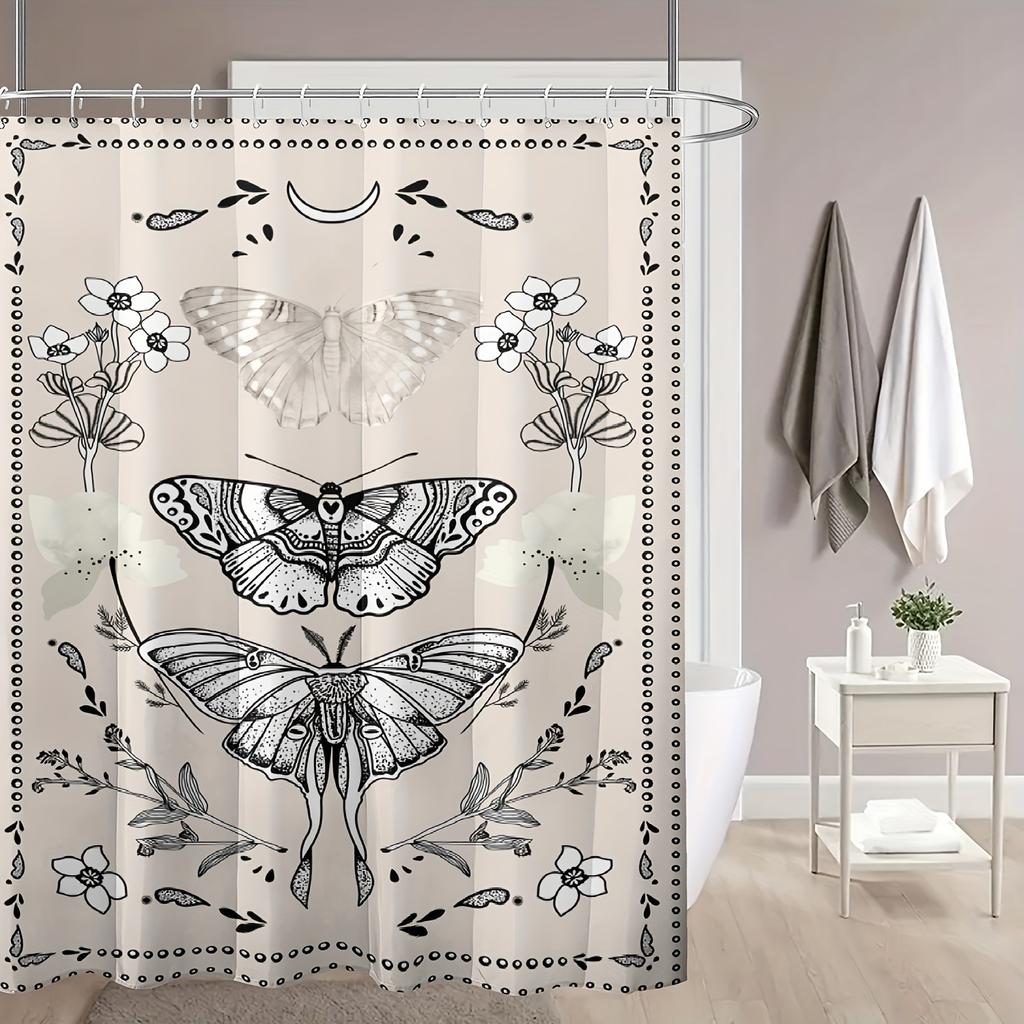 1pc Butterfly Pattern Shower Curtain With Hooks, Waterproof Bathroom Partition Curtain, Bathroom Accessories, Home Decor