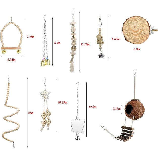 9-Piece Parrots Chewing Toy Set - Natural Wood & Rope Bungee Toys for Anchovies, Coconut Hideaway with Ladder, Bird Perch Stand, Cage Accessories for