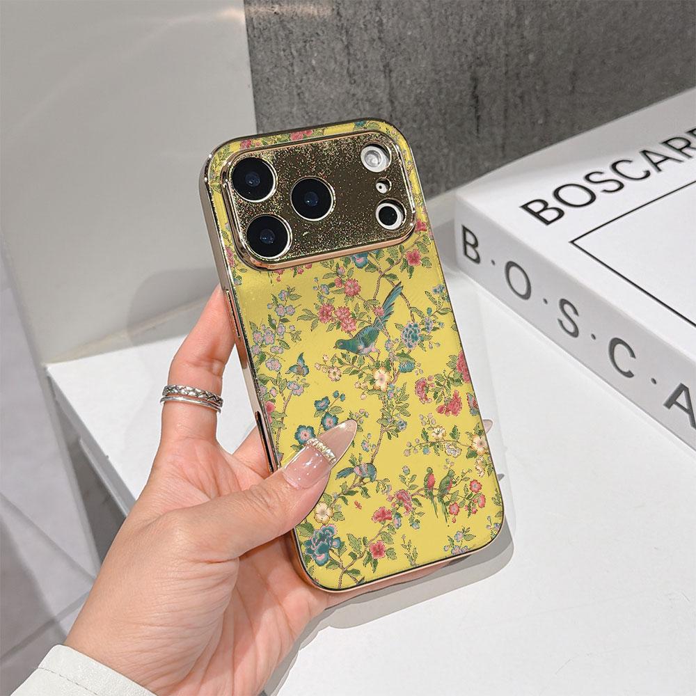 Lucky Start Phone Case For iPhone 17 16 15 14 13 12 11 Pro Max 16E Gold Electroplated Glass Shell Chinoiserie Garden Cover
