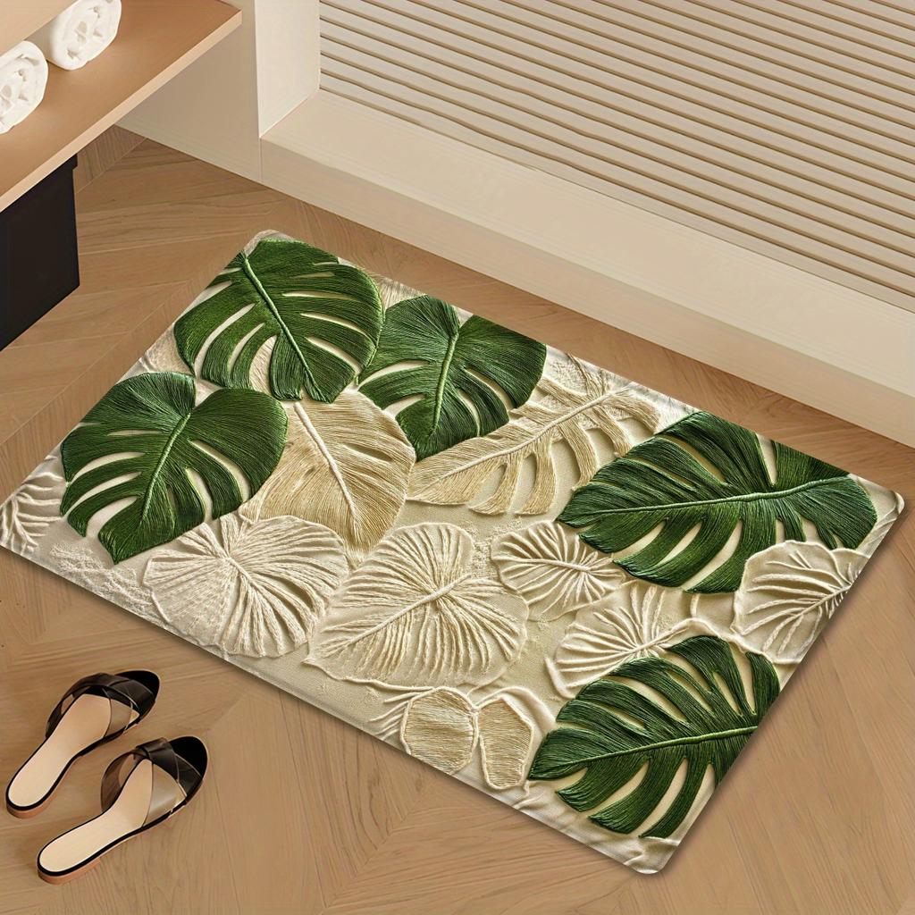 Tropical Leaf Print Doormat - Modern Non-Slip Bathroom Kitchen Rug, Natural Decor Mat for Home Entrance Tub Side