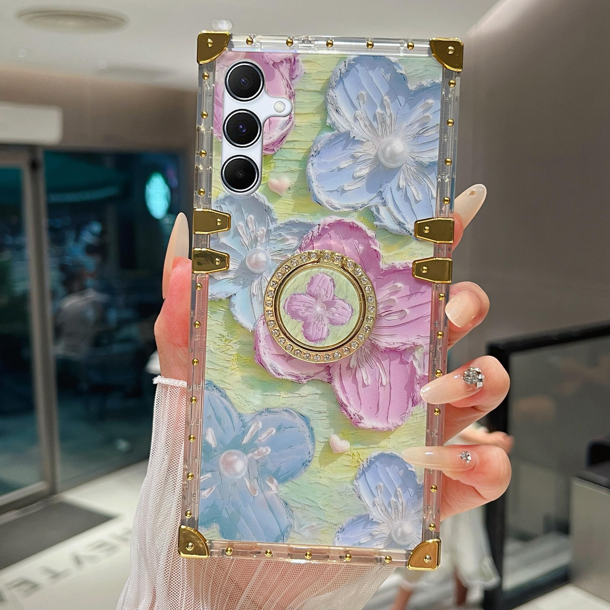 

For Samsung Galaxy A55 5G Case Stylish Flower Butterfly Pattern Ring Kickstand TPU+PC Phone Cover Pink/Blue