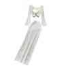 Holiday Style White Knitting Suit Women Seaside Beach Bikinis Strap Waist Hugging Hollow Long Sleeve Cover Up Skirt