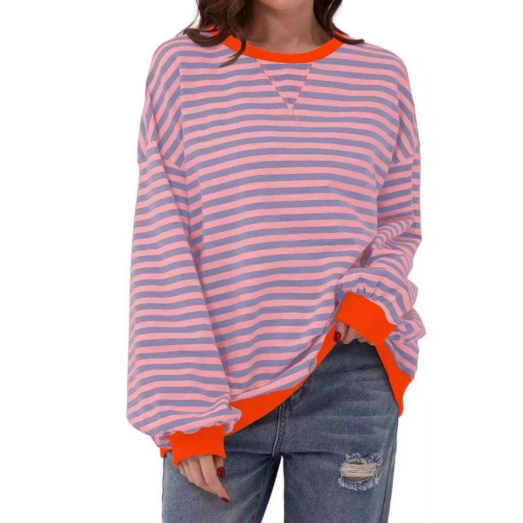 2026 Spring Striped Floral Round Neck Long Sleeve Color Block Hoodie