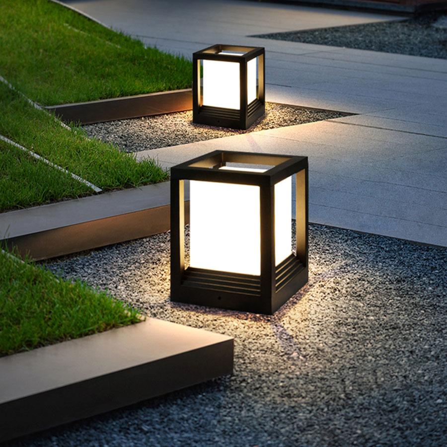 Modern Outdoor Solar Post Light LED Column Lamp IP54 Waterproof Square Lantern Pillar Light Garden Patio Landscape Bollard Light