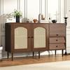 Country Style Sideboard with Rattan Doors, 130 x 75.5 x 40cm Magnetic Lock, Adjustable Shelves, Sturdy Structure, Versatile