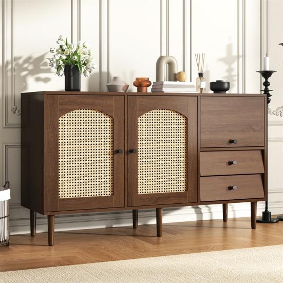 Country Style Sideboard with Rattan Doors, 130 x 75.5 x 40cm Magnetic Lock, Adjustable Shelves, Sturdy Structure, Versatile