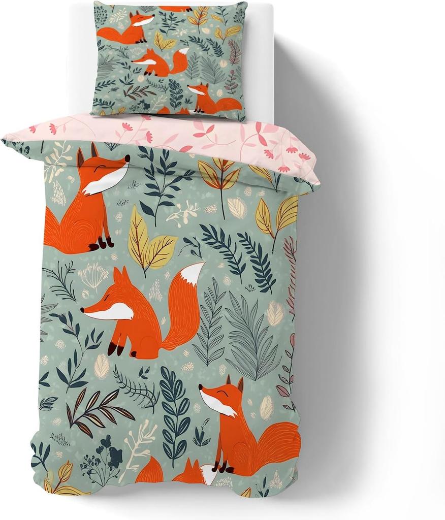 Cute Fox Bedding Set,Fox Print Patchwork Duvet Cover for Kids Teens Boys Girls, Lovely Animals Comforter Cover Decorative Room