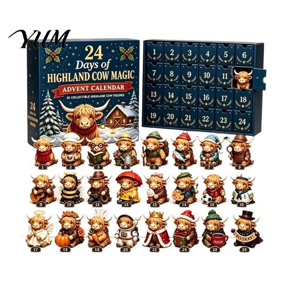 Christmas Advent Calendar 24 Days of 3D Highland Cow Calendar, Cute Farm Day Countdown Box Cattle with Mini Figurines Collectibles for Holiday