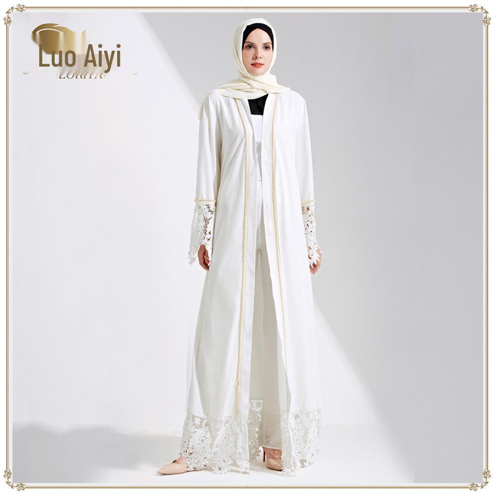 Vit Spets & Pärla Dubai Kofta med Bälte - Mellanösternklänning