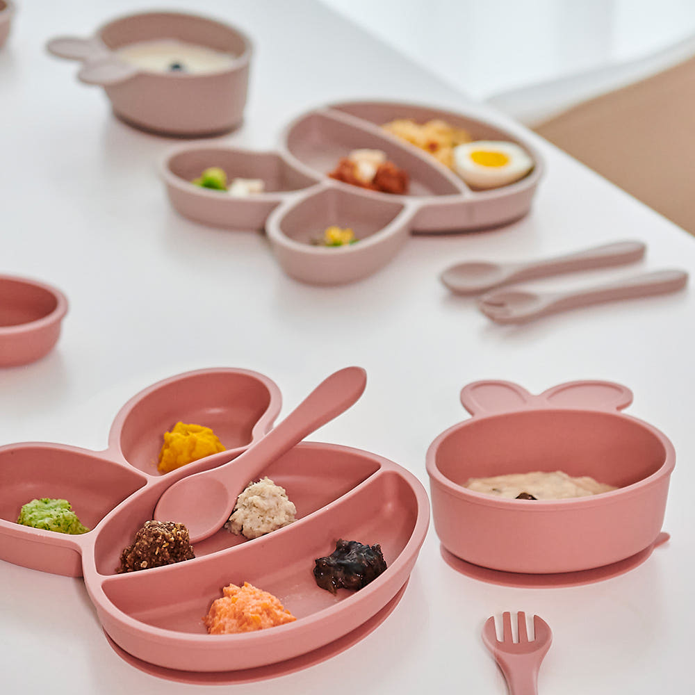 Atti Rabbit Baby Bunny Silicone Suction Bowl Dry Rose Toddler Tableware Self Feeding Container