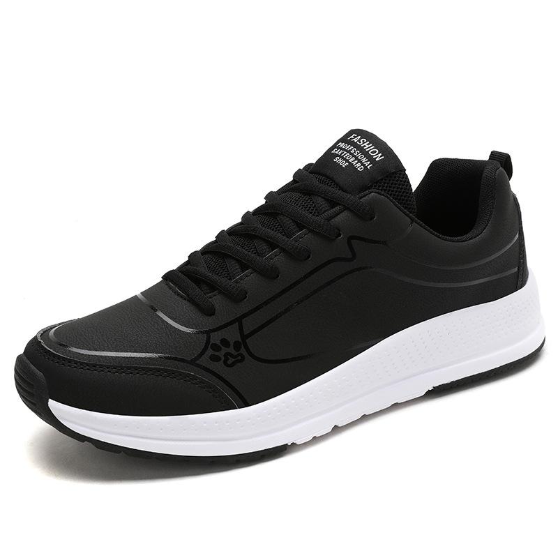 Foreign Trade Autumn and Winter Sports Shoes Men's Black Leather Waterproof and Lightweight Shock-absorbing Running Shoes Casual Soft-soled Travel Sh