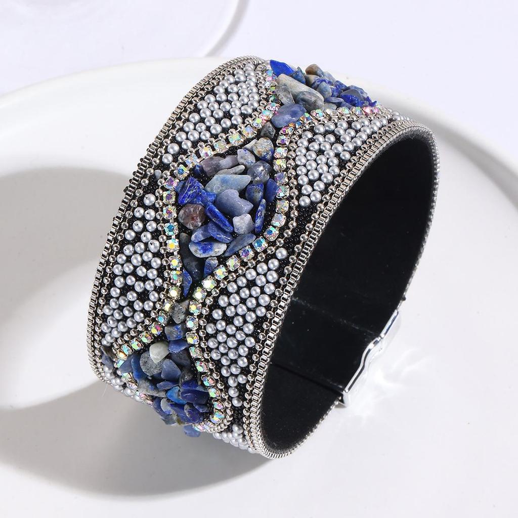 Cross-Border Bohemian Gemstone & Crushed Stone Bead Leather Bracelet for Women with Stainless Steel Magnetic Clasp