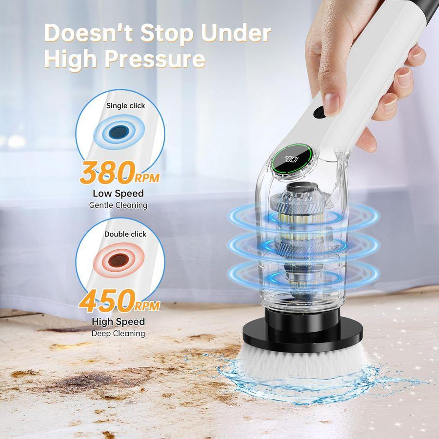 Spin Scrubber, Cordless Shower Scrubber with 8 Scrub Brush, 2 Speed with Adjustable Extension Handle, Battery Level Display, Pow