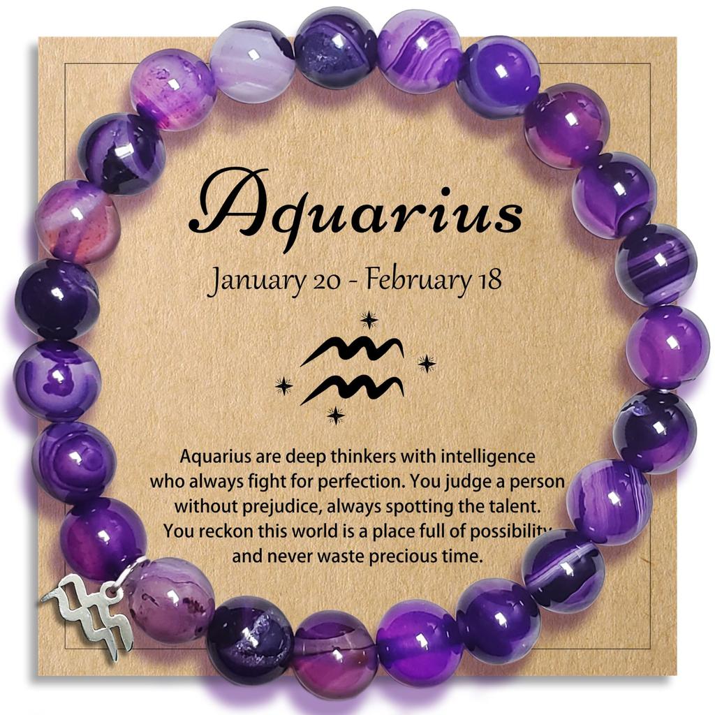Twelve Constellation Bracelet 8mm Purple Agate Beaded Elastic Rope Bracelet Constellation Bracelet