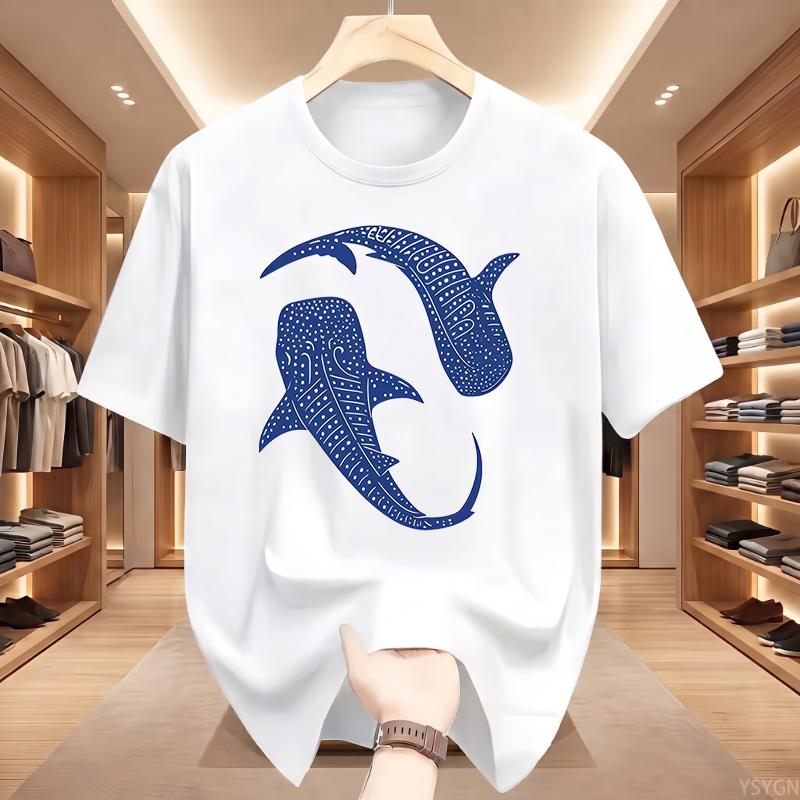 Men S Print T-Shirt Double Whale Totem Print Blue And White Contrast Design Casual Breathable S