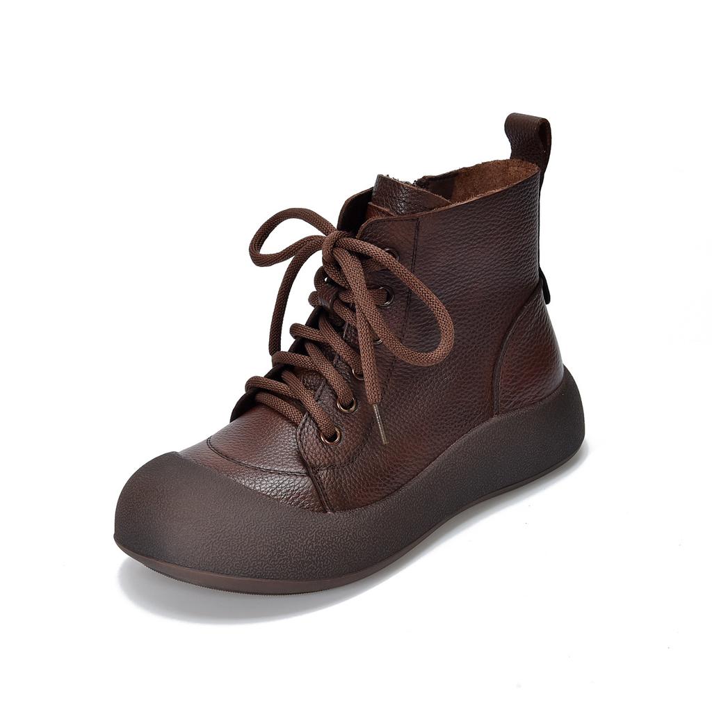 Johnature Retro Women's Ankle Boots Genuine Leather Lace Up Thick Soled Cowhide Short Boots