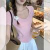 White V-neck exposed collarbone front shoulder short-sleeved T-shirt women's summer new slim and thin simple U-neck top