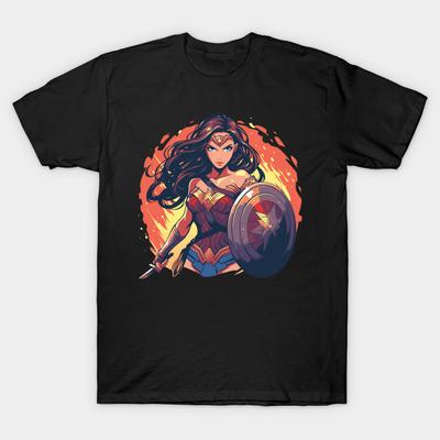 Asian Size Men Black Print T-shirt Wonder Woman No-Cut Heat Transfer Print Cotton Tshirt