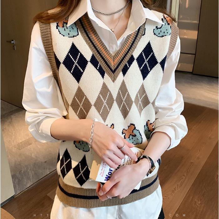 

Женский модный вязаный жилет с принтом, без рукавов, свитер с V-образным вырезом, элемент для многослойности One Size кофейный