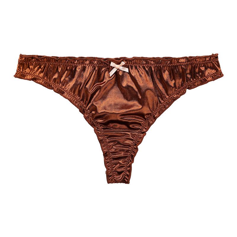

Plus Size Lace Trim Satin Thong - Seamless Low-Waist Ice Silk Panties for Women Large кавовий