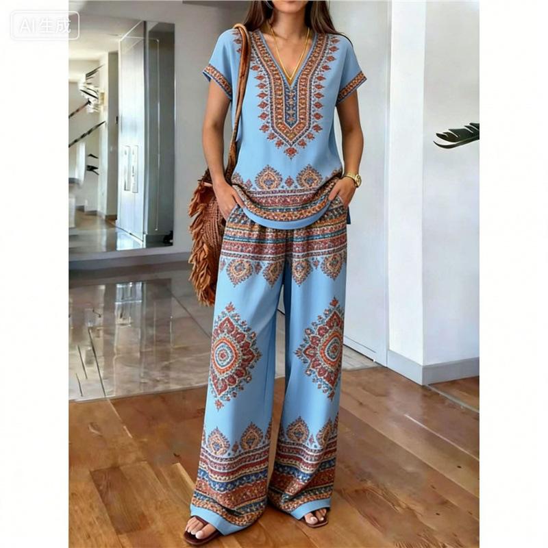 Bohemian vintage gradient stripe set, women's loose V-neck top with wide-leg pants, vacation-style casual two-piece set