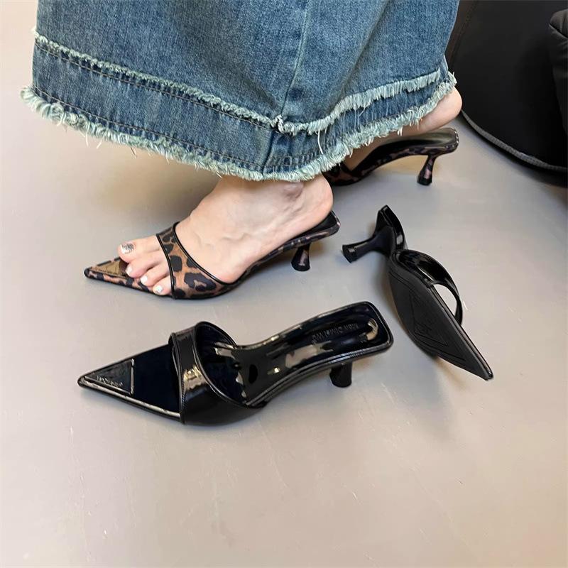 European and American Fashion Leopard Print High-heeled Slippers Women's 2025 New Summer Wear Pointed Sexy Stiletto Open-toed Sandals Women