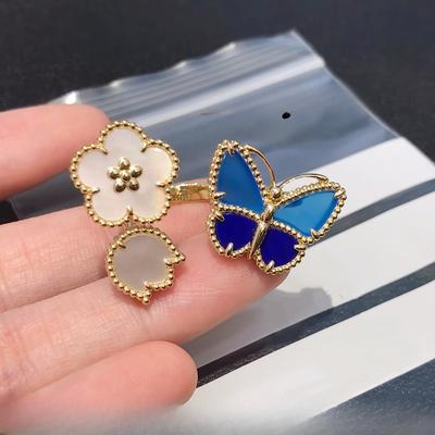 Anillo Mariposa Azul Oro Rosa 18k Flor Trébol Lujo Ligero