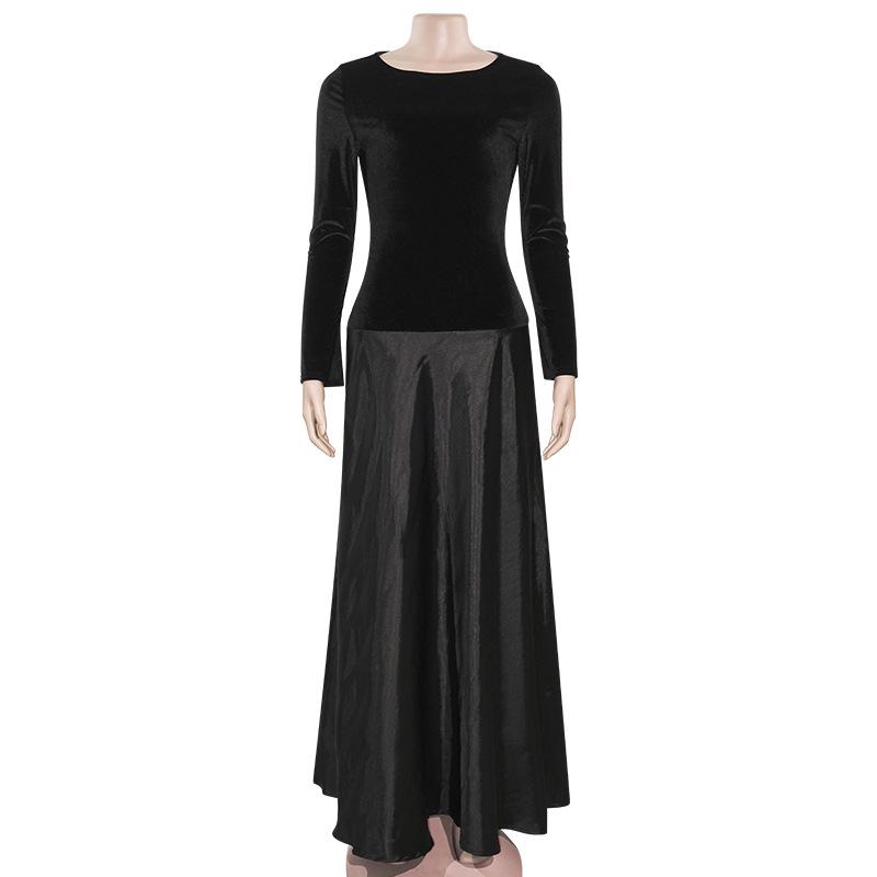 2025 Spring Women's Long Sleeve Round Neck Patchwork Dress - Solid Color