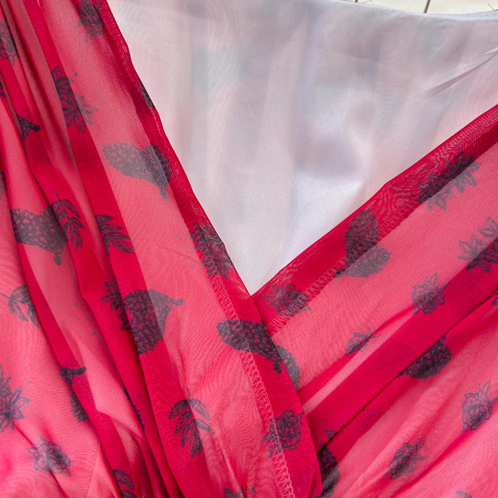 Fashion Dress for Women V Neck A-line Flounced Edge Printing Chiffon Vestidos Lace-up Folds Lining Dresses Summer