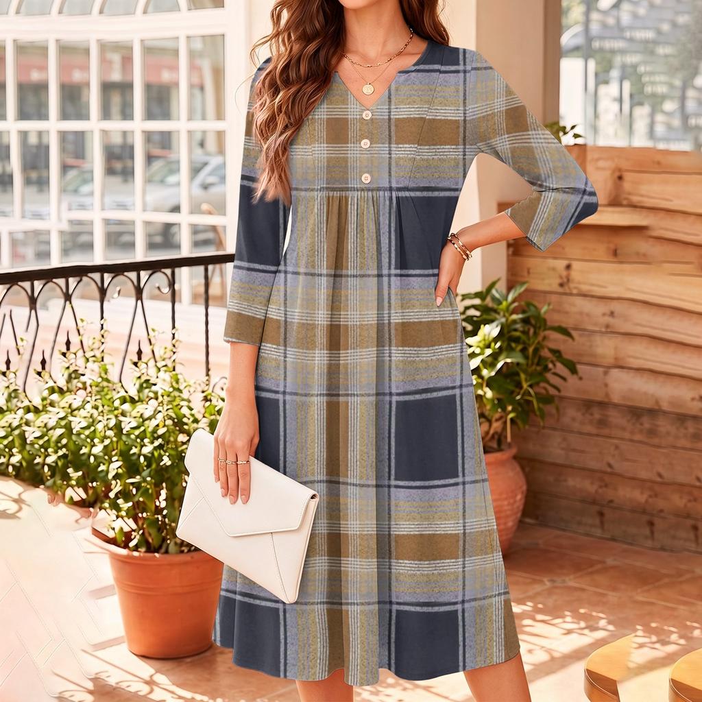 Damen Casual V-Ausschnitt Karomuster Dreiviertelarm Kleid für den Alltag