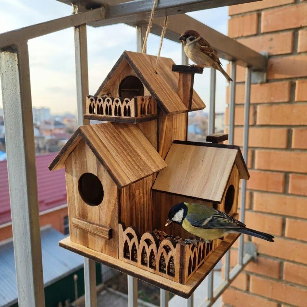Handmade Wooden Bird House Multiple Holes Bird Feeder Weather Resistant Outdoor Birdhouse Backyard