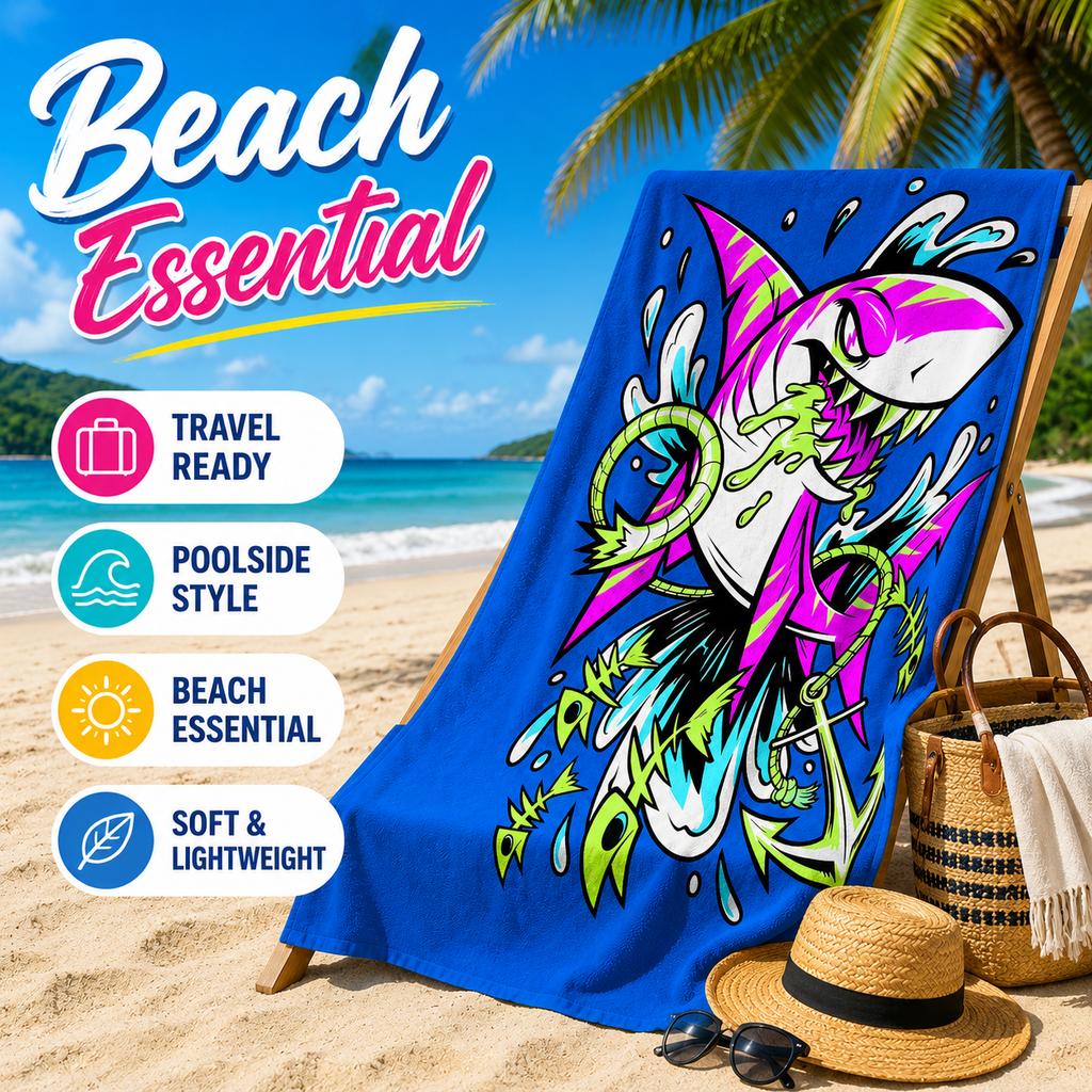 Funny Shark Beach Towel Flat Print Graffiti Street Art Microfiber Bath Towel for Summer Travel Pool Gym Outdoor Men Boys Gift