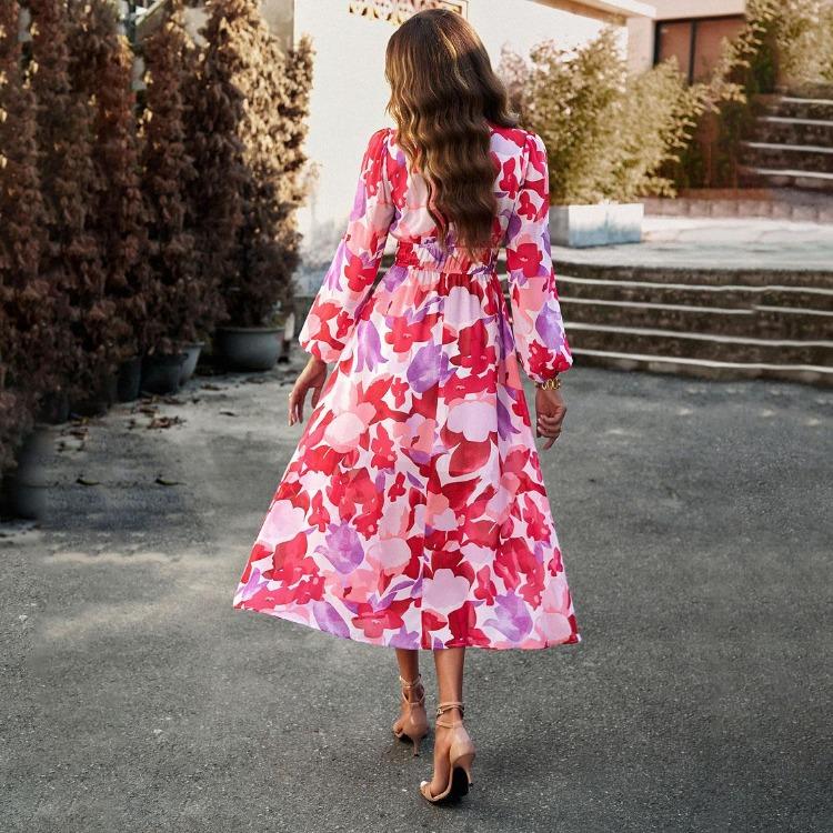 Autumn Winter Women Casual Dress Long Sleeve V Neck Print A Line Knee Length High Waist