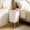 Trash Can with Lid – High Foot Press Dustbin, Wooden Grain Waste Bin for Kitchen, Toilet, Living Room, Office, Hotel