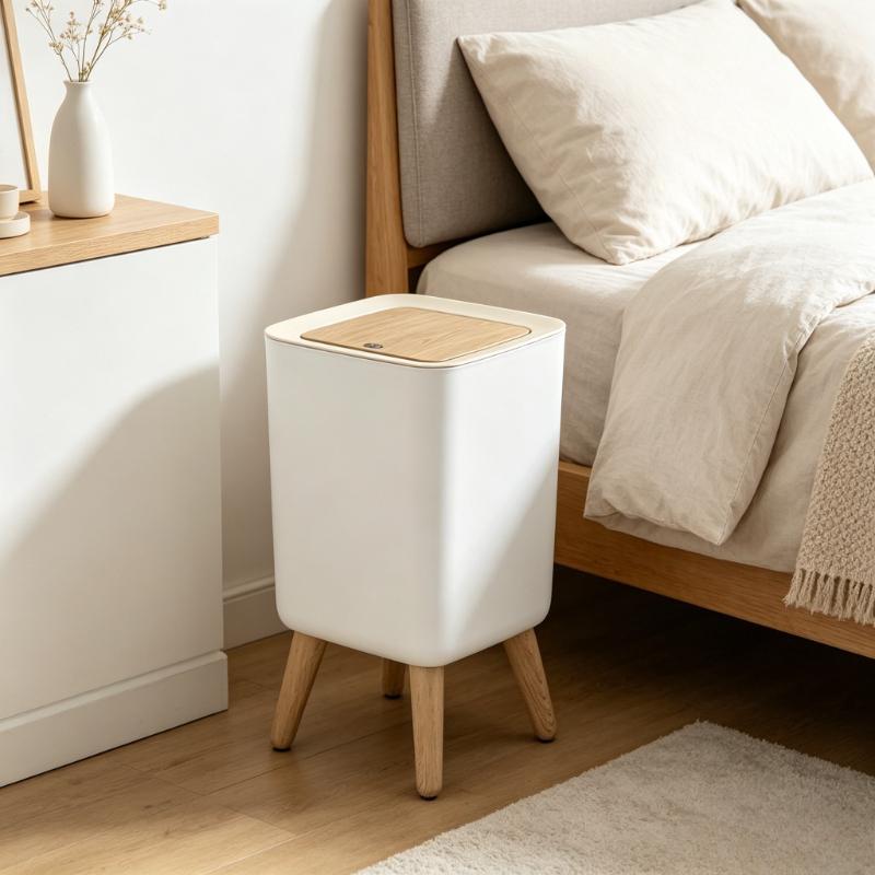 

Trash Can with Lid – High Foot Press Dustbin, Wooden Grain Waste Bin for Kitchen, Toilet, Living Room, Office, Hotel