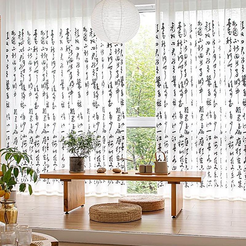 Chinese Style Tulle Sheer Curtains Chinese Character Transparent Window Curtain Calligraphy Draperies Decor Partition Curtains