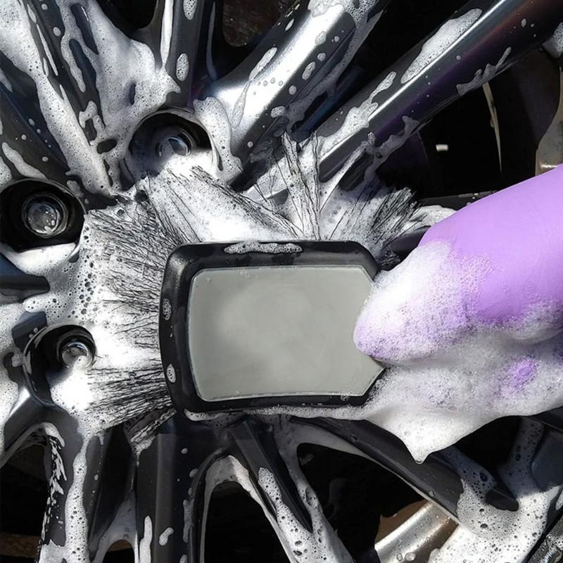 Soft Bristle Wheel Brush with Long Handle, Wide Head and Hanging Hole for Tire Cleaning, Wheel Care and Vehicle Washing