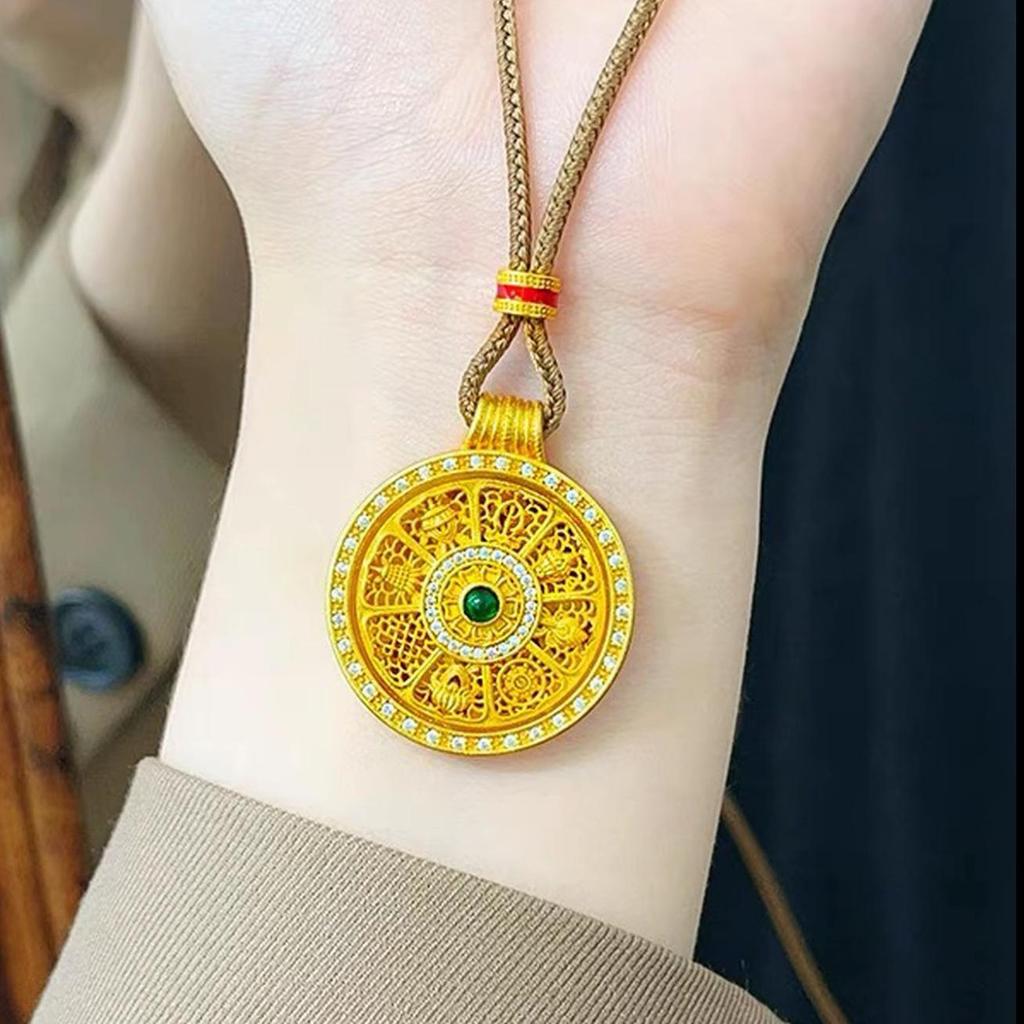 Gold Sand Eight Treasures Compass Pendant Necklace with Gourd Charm for Women