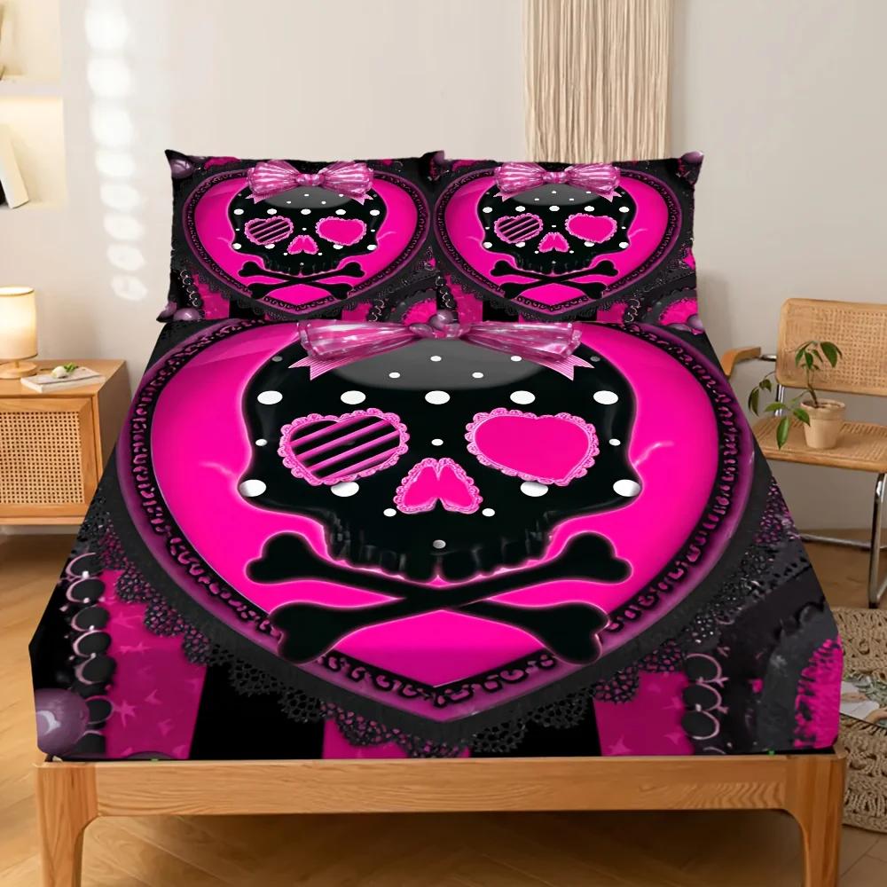 

1Pc Fitted Sheet Black Red Skull 3D Printed Polyester Cover Breathable Bedding Set For Home Decor Without Pillowcases 100x200x25cm