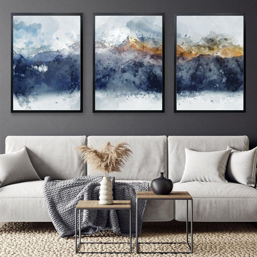 Navy Blue Golden Mountains Abstract Wall Art Canvas Painting Modern Nature Watercolor Artwork Prints Posters Living Room Decor