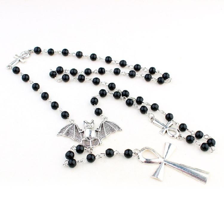 Gothic Punk Cool Rosary Beaded Necklace Ankh Cross Black Beads Bat Necklace
