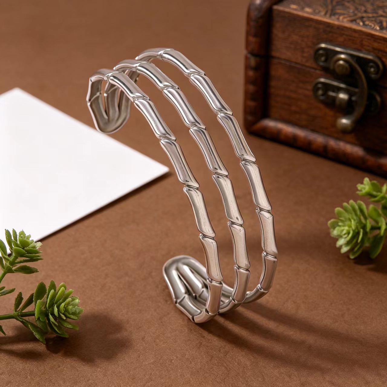 Retro Bamboo Joint Two-Tone Gold & Silver Multi-Circle Open Cuff Titanium Steel Bracelet for Women 18K