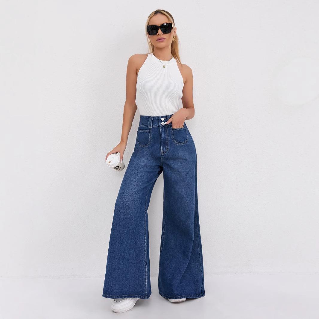 

Womens Jeans Baggy Jeans Wide Pants High Waist Loose Fit Two Button Solid Color Wide Leg Denim Trousers for Ladies 2XL синій