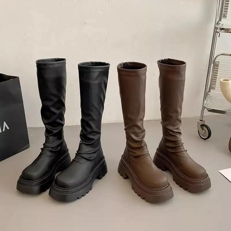 Mode Herbst Neu Weiches Leder Design Damen Über Knie Langer Schaft Dicke Sohle Erhöhend Knitter Elastisch Schlank Stiefeletten Gummi Außensohle