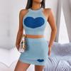 Women Spring Summer  Halter Neck  Sleeveless Heart Knitted Warp Hip Skirt Suits
