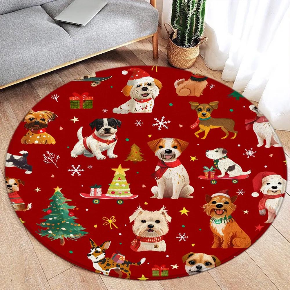 Cartoon Christmas Dinosaur Round Carpet Snowman Xmas Tree Cartoon Animal Kids Mat Home Living Room Bedroom Decorative Floor Rugs