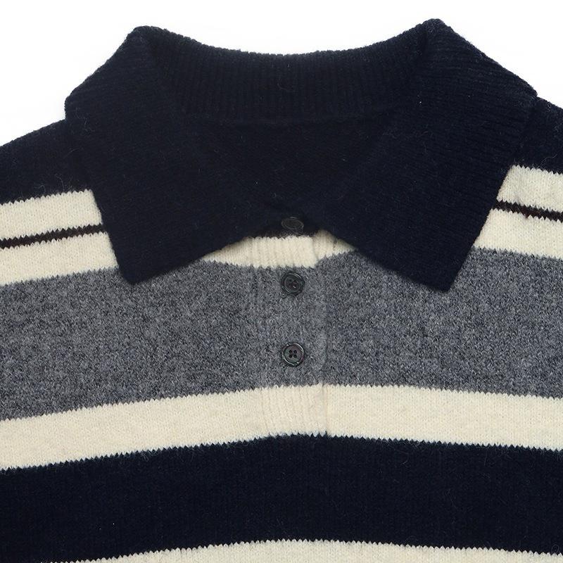 2026 Autumn/Winter Women's Color Block Striped Knit Sweater - Casual, Loose Fit with Lapel
