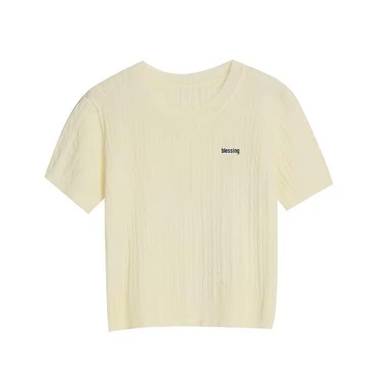 2025 Ice Silk Embroidered Knit Short Sleeve Straight Shoulder Women's Petite Summer Top